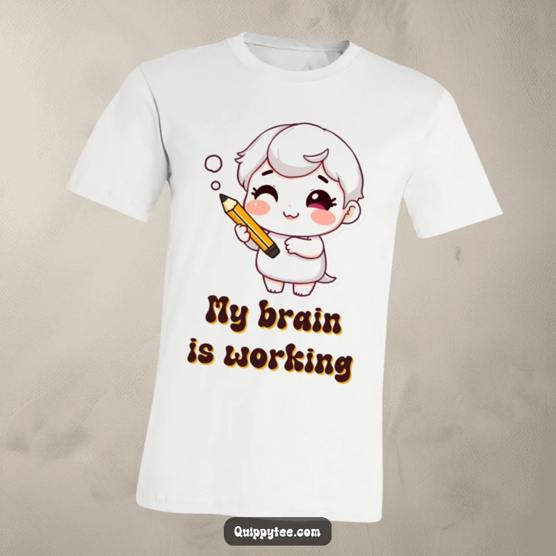 Funny T-Shirt: Character with a cheeky grin holds a pencil, thought bubble above, representing witty thoughts and ideas.