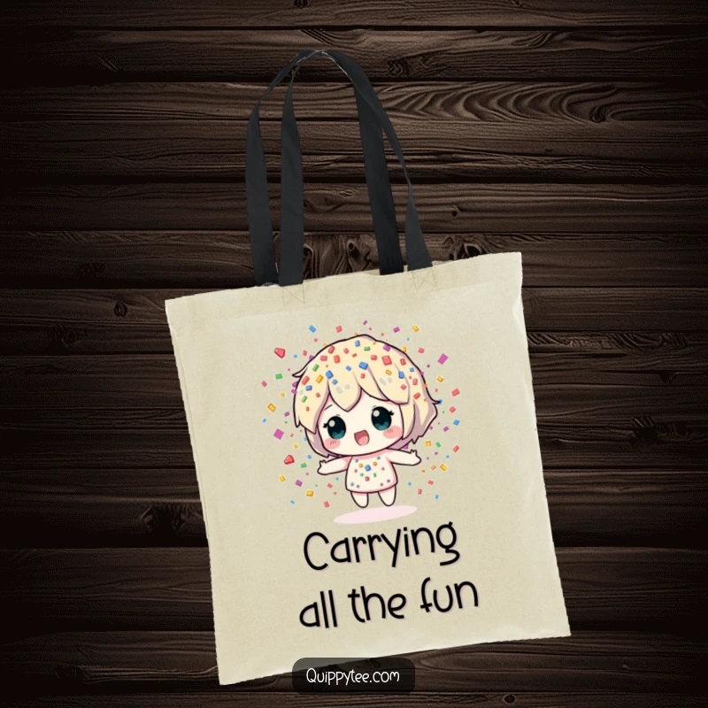 Funny Tote Bag: A festive confetti sprite character showering colorful pieces, ideal for carrying essentials with a splash of fun.