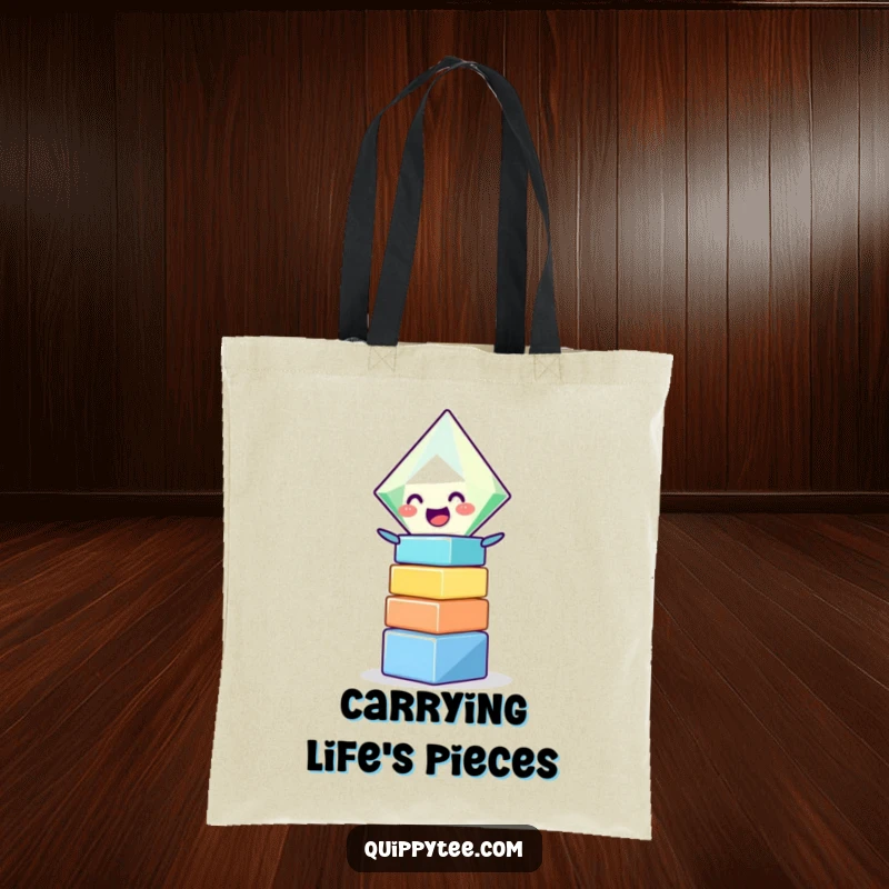 Funny tote bag featuring a delighted diamond character focused on stacking colorful blocks, conveying a sense of playful achievement.