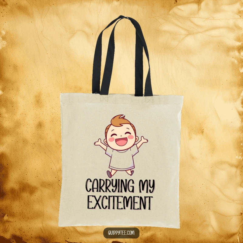Funny Tote Bag: Smiling character in a speech bubble shirt, jumping for joy, a cheerful and practical accessory.