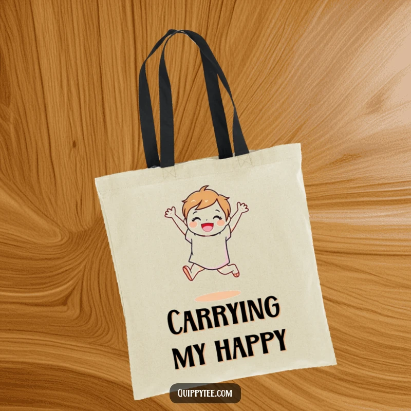 Funny fabric swatch character performing a jubilant leap, showcasing colorful fabric, functional tote bag design.