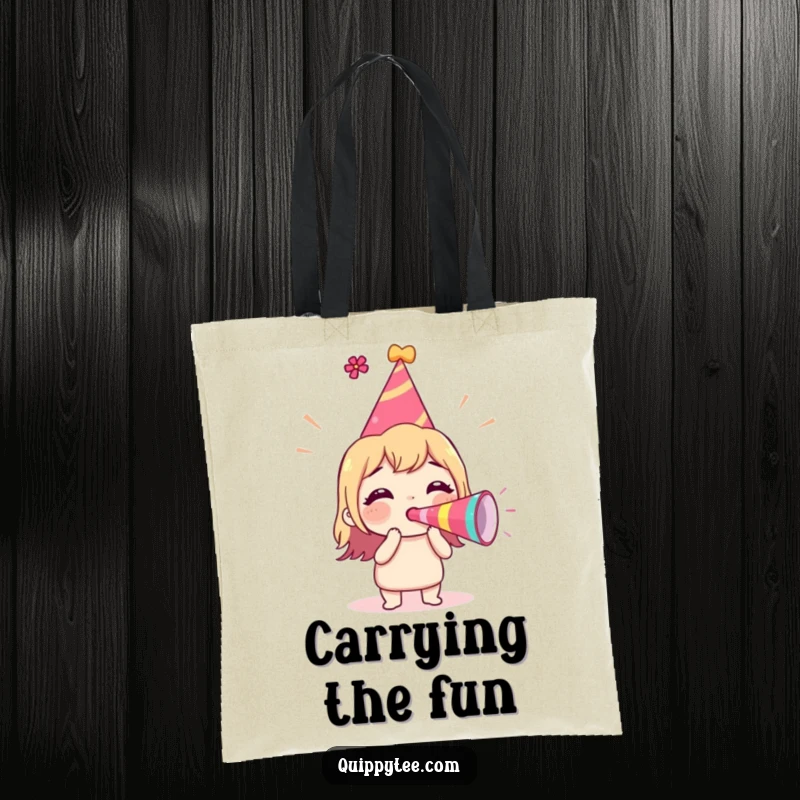 Funny Tote Bag with an excited character in a party hat, blowing a party horn, ready for fun and festivities.