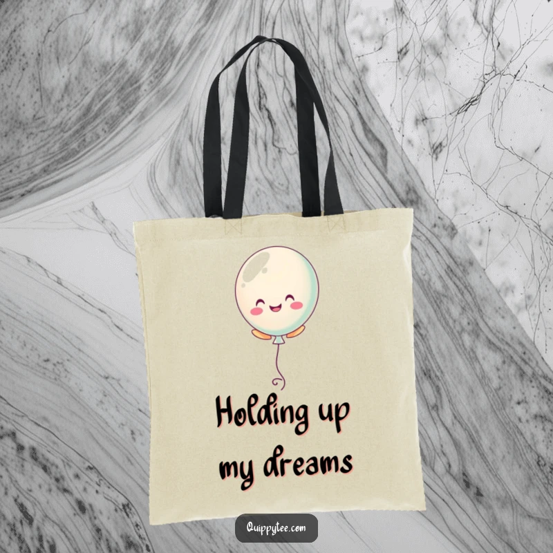 Funny tote bag featuring a pastel balloon character floating upwards, perfect for carrying essentials with a cheerful attitude.
