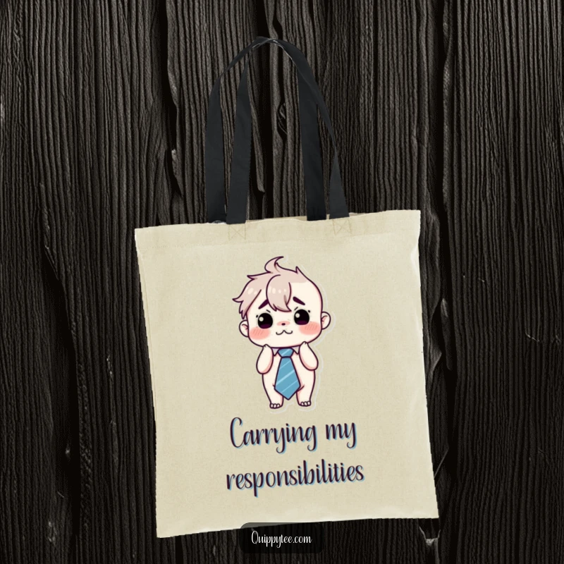 Funny kawaii character looking overwhelmed and flustered, wearing a huge tie, symbolizing the humorous struggles of daily life on a tote bag.