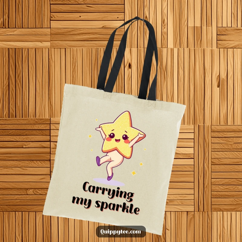 Funny Tote Bag: A sparkling glitter star character doing a cartwheel, perfect for carrying essentials with celestial flair.