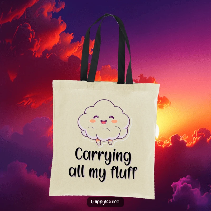 Funny tote bag adorned with a smiling cloud character bouncing with joy, perfect for carrying essentials with cheer.