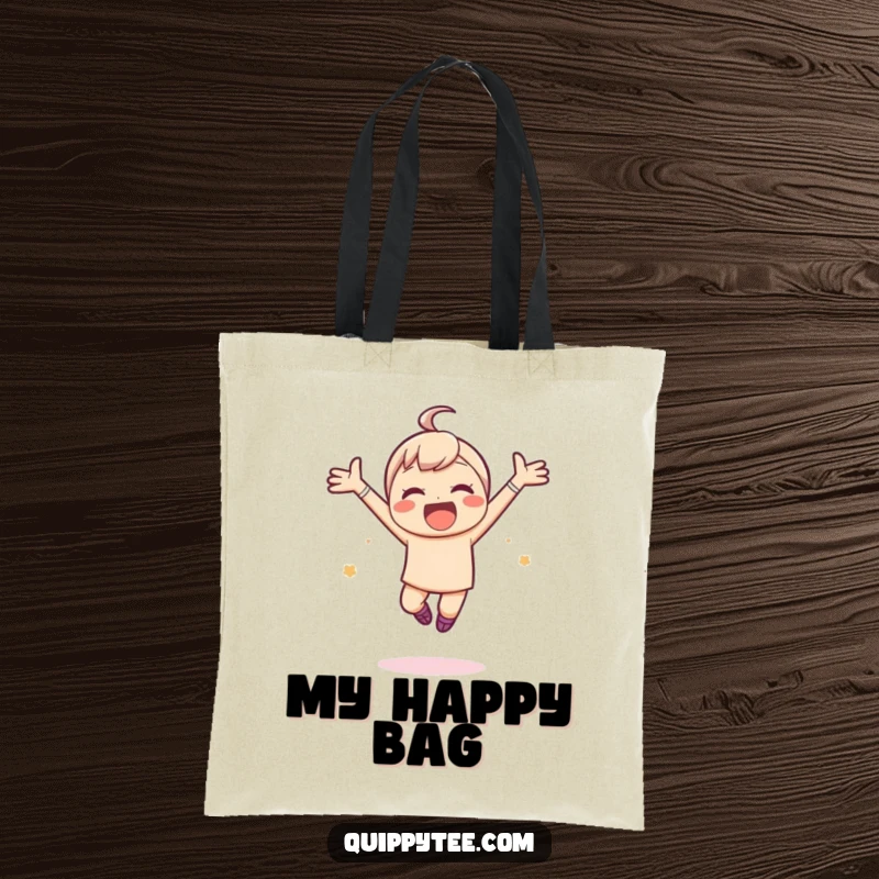 Funny tote bag with a kawaii character leaping joyfully with arms open wide, ready to embrace adventure and happiness.