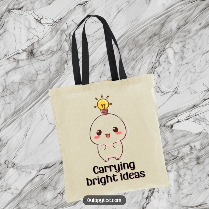 Funny tote bag featuring a cute kawaii character with a glowing lightbulb, perfect for carrying ideas and essentials.