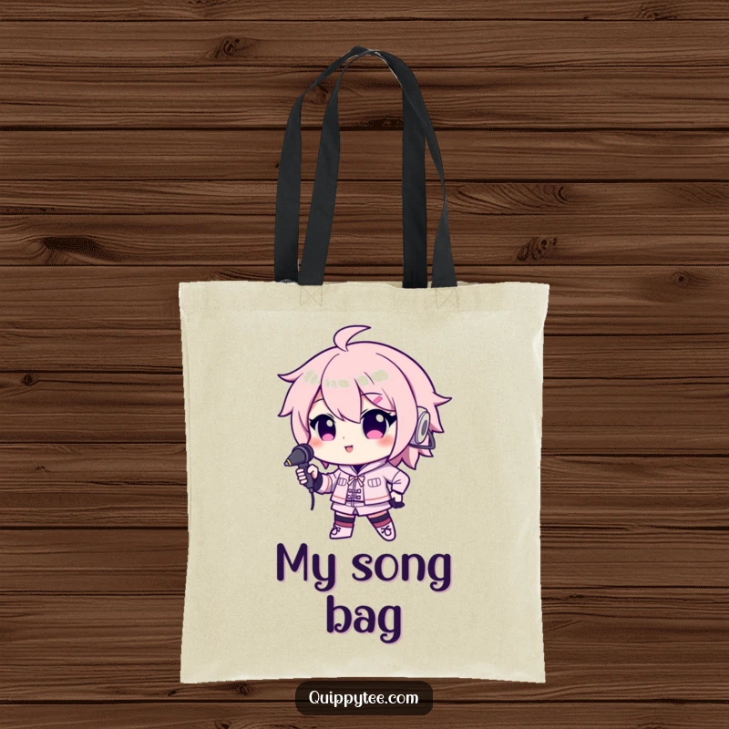 Funny tote bag with a kawaii character confidently posing with a microphone, ready to amplify any occasion with music.
