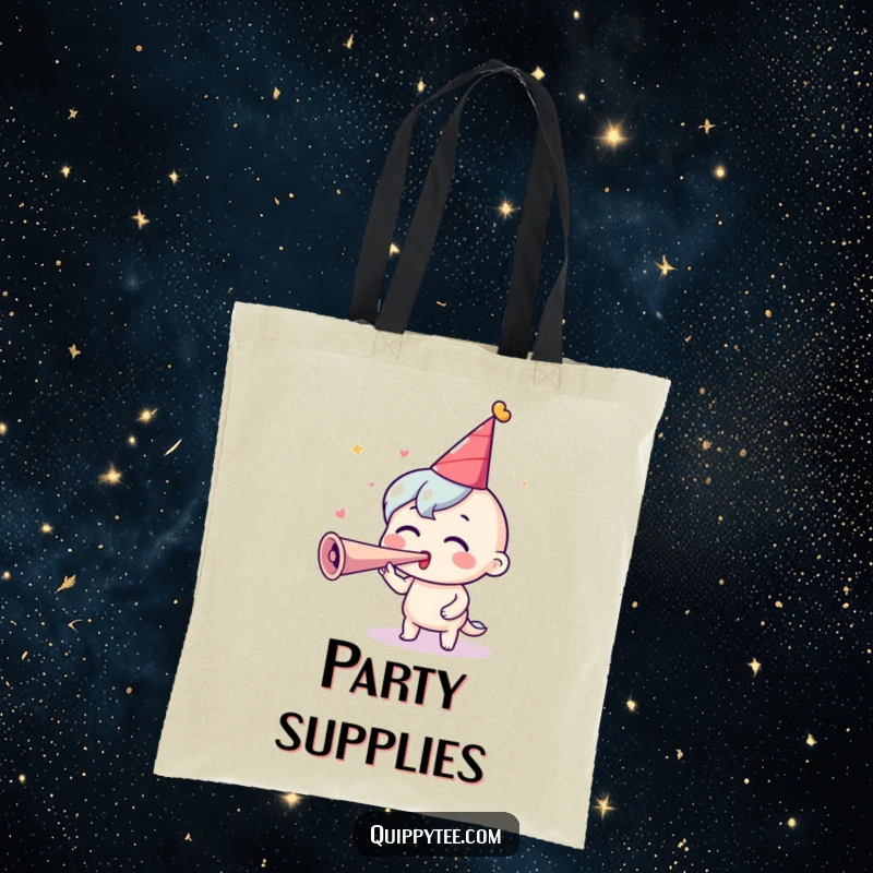 Funny Party Tote Bag: An excited character blows a party horn, perfect for carrying party supplies with festive energy.