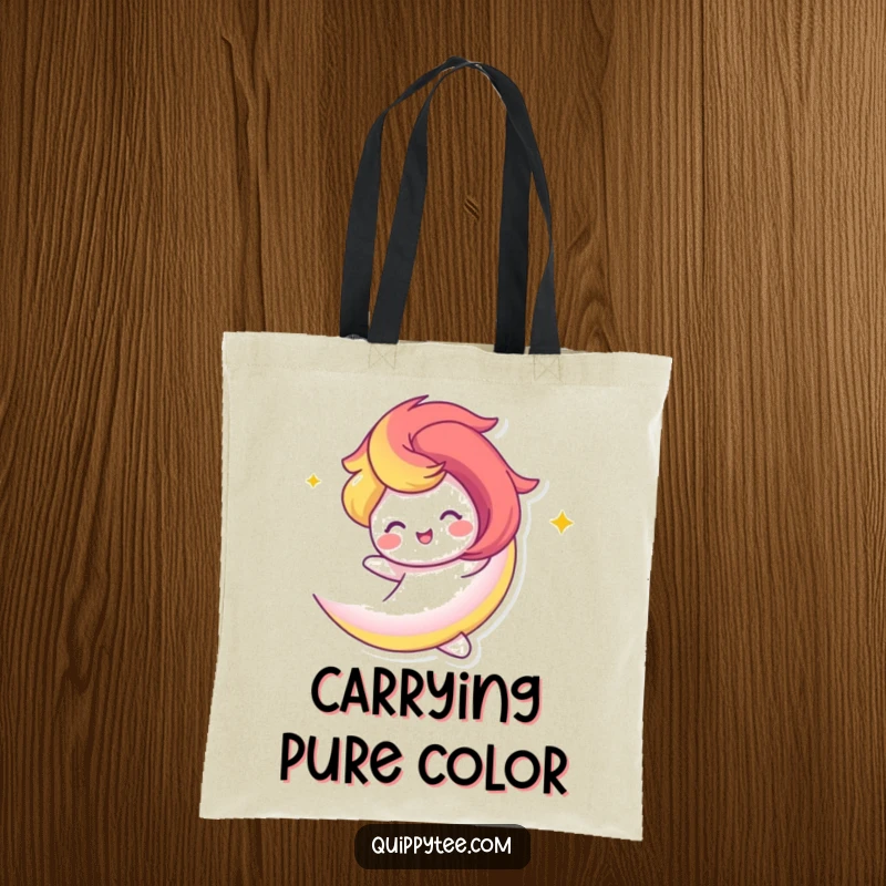 Funny Tote Bag: A vibrant rainbow swirl character twirling happily, perfect for carrying items with cheerful style.