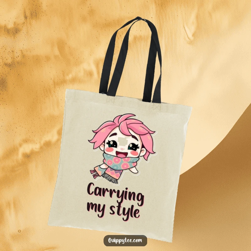 Funny Tote Bag: A happy character with a beaming smile proudly displays their eye-catching, flamboyant patterned scarf, ready for adventure.