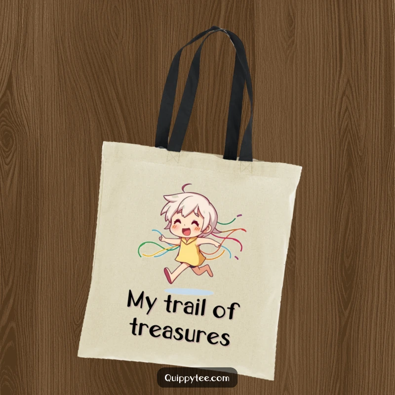 Funny Tote Bag: A character joyfully runs, leaving a vibrant, colorful trail of dangling threads, perfect for carrying essentials.