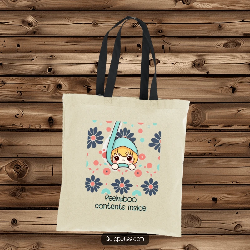 Funny tote bag displaying a kawaii character playfully peeking from behind a bold, patterned textile, showcasing an element of surprise.